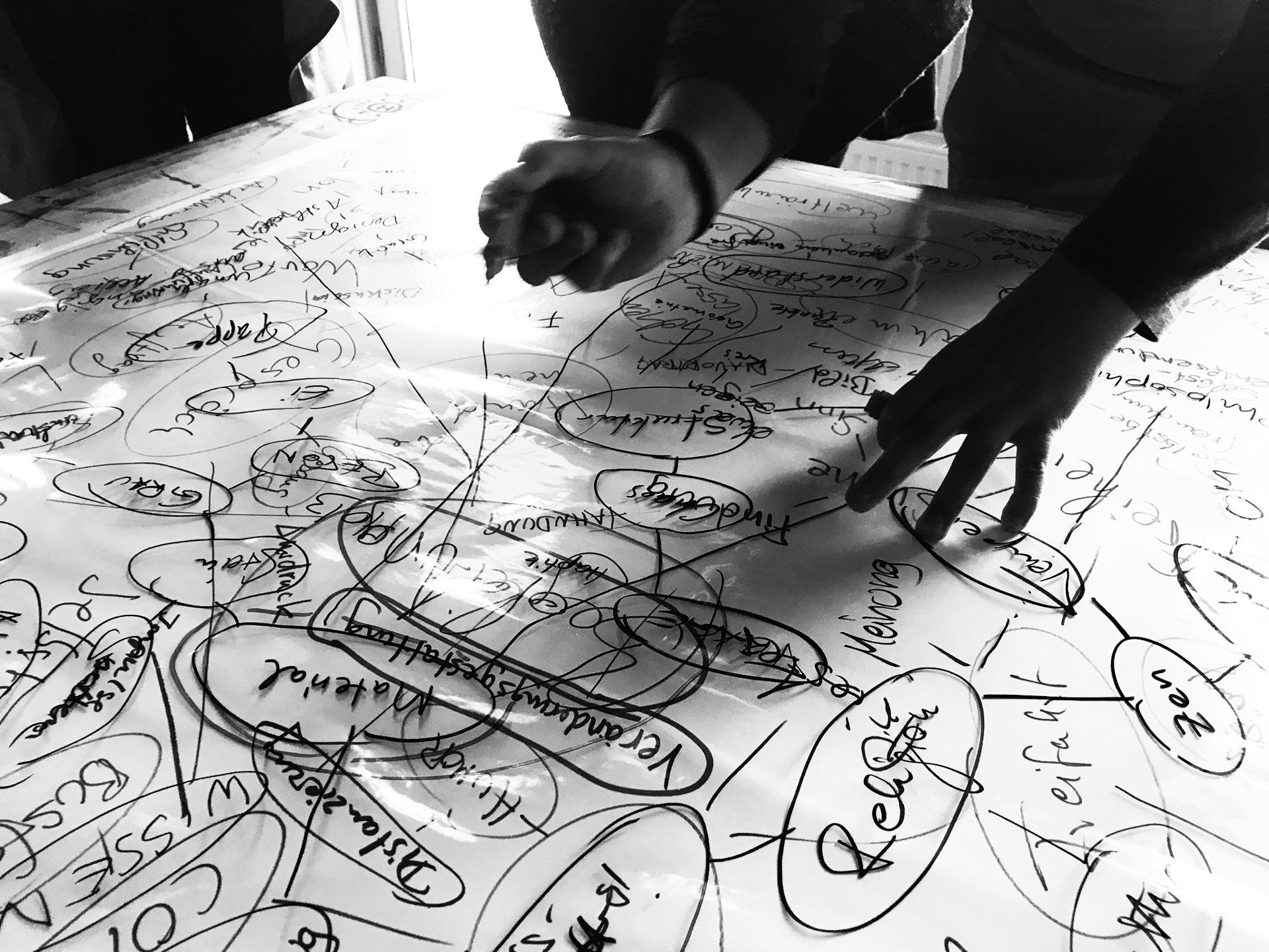 Schwarz-weiß-Foto von Händen, die über ein großes Blatt Papier mit vielen handgeschriebenen Notizen und Kreisen arbeiten – eine kreative oder planerische Gruppensituation.