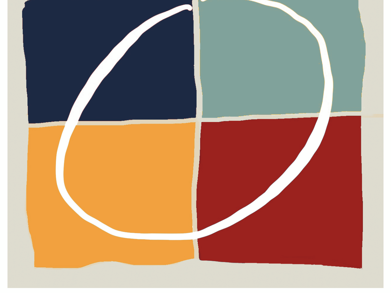 Logo des Projekts „Healing Soundscapes“ mit vier farbigen Flächen in Dunkelblau, Türkis, Rot und Gelb, die von einer weißen, geschwungenen Linie überlagert werden.